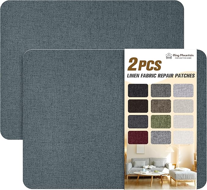 KING MOUNTAIN Coarse Linen Repair Patches, Self-Adhesive Linen Fabric Patches, 8X11 inch 2 PCS, Multi Color, Can be Used for Linen Sofa Repair and Linen Clothes Repair(8" x 11"-2PCS,Blue Dark Grey)
