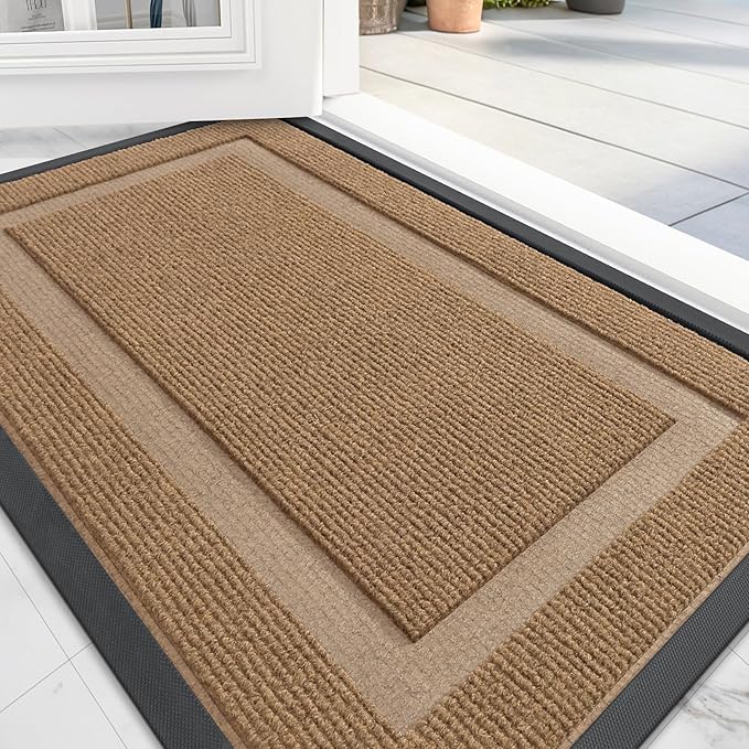 OLANLY Front Door Mat Indoor Outdoor Entrance, Waterproof All-Season, All-Weather Doormat, Sturdy Natural Rubber, Fade Resistant, Low Profile, Easy Clean Patio Porch Entryway Mat, 47x32, Light Brown
