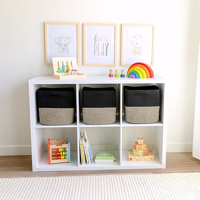 NaturalCozy Storage Cubes 11 Inch Cotton Rope Woven Baskets for Organizing, 3-Pack | Cube Storage Bin | Square Storage Baskets for Shelves Organizer, Classroom, Kids Toy Bins, Closet, Baby Nursery