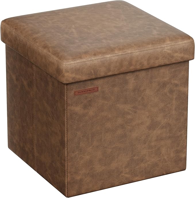 SONGMICS Mazie Collection - 15 Inches Ottoman with Storage, Footstool, Storage Ottoman, Load 660 lb, for Dorm, Living Room, Bedroom, Synthetic Leather, Coffee Brown ULSF010K01