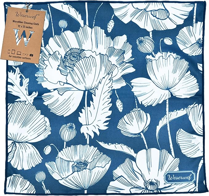 WESERWEF Design Microfiber Glasses Cleaning Cloth – Premium Cleaning Cloth for Eyeglasses, Screens, Tablets, Cameras & Lenses, 12" x 12", Ultra-Soft & Scratch-Free (Blue Poppies)