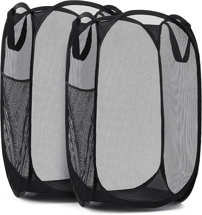 Handy Laundry Collapsible Mesh Pop Up Hamper with Wide Opening and Side Pocket - Breathable, Sturdy, Foldable, and Space-Saving Design for Clothes and Storage (Black | 2-Pack)