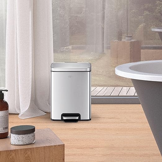 EKO Madison 6L / 1.6 Gal Bathroom Trash Can with Lid and Removable Inner Basket, Rectangular Small Step Trash Can, Brushed Stainless Steel