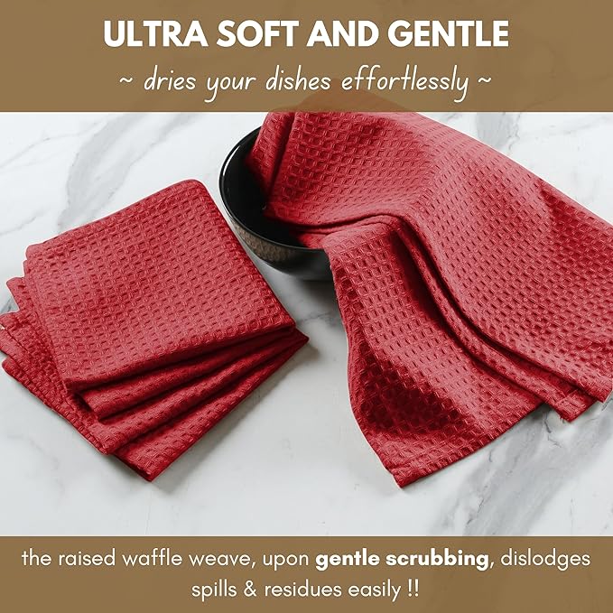 Native Fab Cotton Kitchen Towel with Hanging Loop 16x26 inches, 4-Pack, Waffle Weave Kitchen Towels for Cleaning Drying, Washcloths Soft & Absorbent Cloth Rags, Bar Towel, Dish Cloth, Red