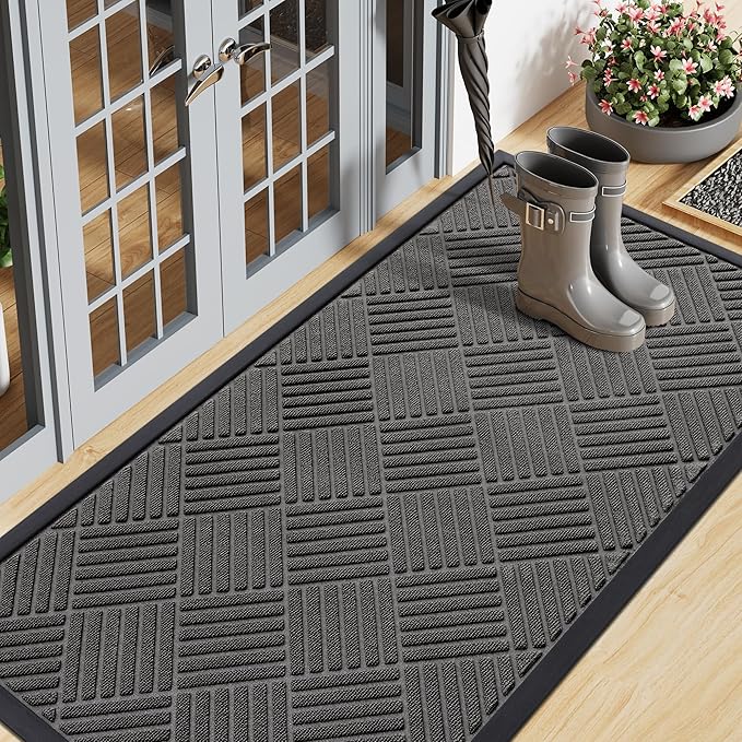 Smiry Front Door Mat Outside Entrance, Heavy Duty Outdoor Indoor Natural Rubber Doormat, Non Slip, Trap Dirt and Moisture, Easy Clean, Low Profile Patio Porch Entryway Mat, 59x20, Grey