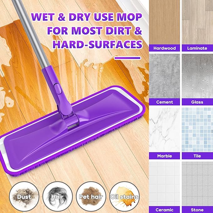 Microfiber Mops for Floor Cleaning - BPAWA Flat Floor Mop with 4 Reusable Washable Pads fit for Swiffer Powermop Kitchen Wet Dry Dust Mop for Hardwood Laminate Wood Tile Ceramic Vinyl Wall Floors