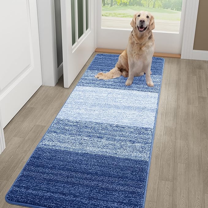 Kitinjoy Indoor Outdoor Door Mat, 48x30 Non-Slip Absorbent Dirt Trapper, Low-Profile Washable Inside Entrance Front Floor Mat, Sturdy Soft Entry Doormats for Entryway, Navy Blue