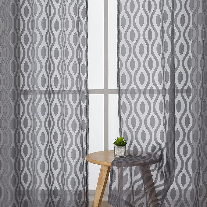 Aiyufeng Grey Sheer Curtains 45 Inch Length 2 Panels Set, Farmhouse Clip Jacquard Textured Short Curtains, Lightweight Chic Wavy Line Window Curtains Drapes for Bedroom, 40" Wx45 L Inches