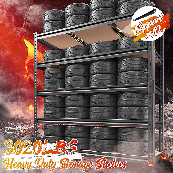 REIBII 48" W Garage Shelving Heavy Duty 3020LBS Storage Shelves 5 Tier Heavy Duty Shelving Adjustable Garage Shelves for Basement, Warehouse, Commercial, Easy Assemble, 48" W x 72" H x 24" D