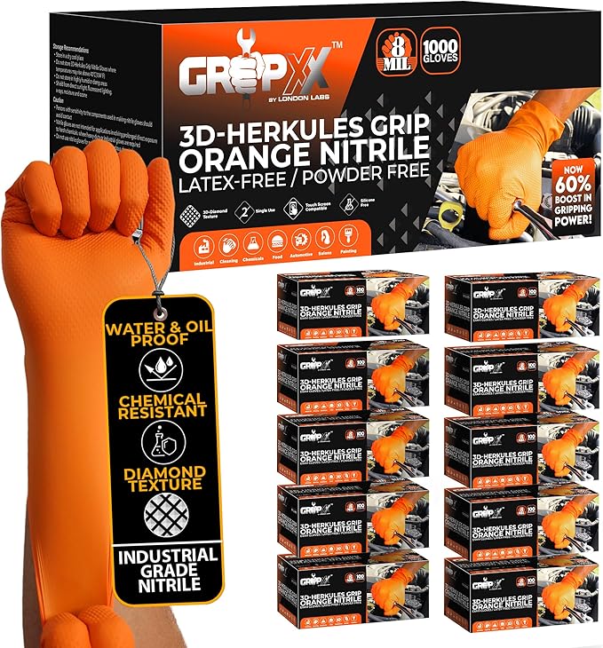 Herkules Grip Heavy Duty 8Mil Orange Nitrile Gloves,3D Raised Diamond Texture-Latex & Powder Free-Industrial, Mechanic