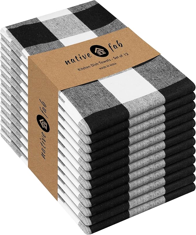 Native Fab 12-Pack Kitchen Towel with Hanging Loop 16x26 inches, Cotton Buffalo Check Kitchen Towels for Cleaning Drying, Washcloths Soft & Absorbent Cloth Rags, Bar Towel, Dish Cloth, Black