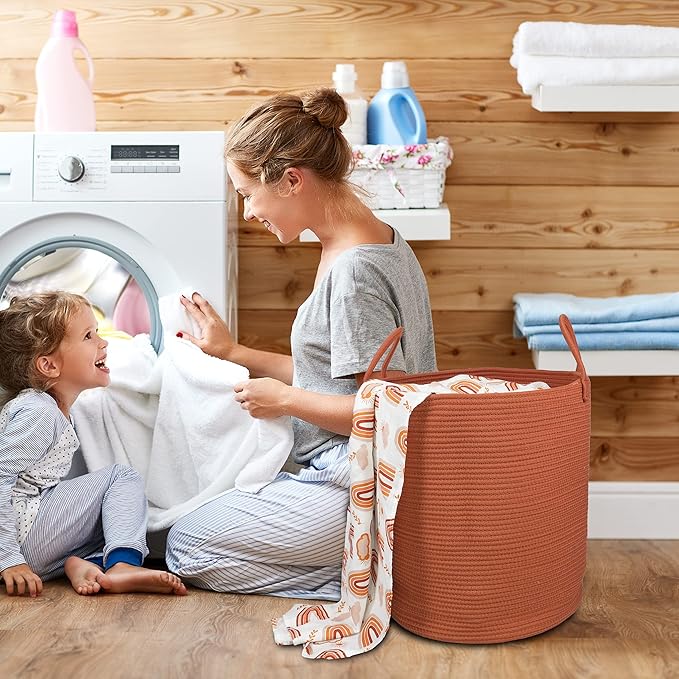 Cotton Rope Laundry Basket Hamper for Clothes Woven Storage Basket for Living Room Bedroom Boho Tall Rope Baskets for Blanket Toys Pillow Towels Baby Nursery Hamper Bin Large rust red
