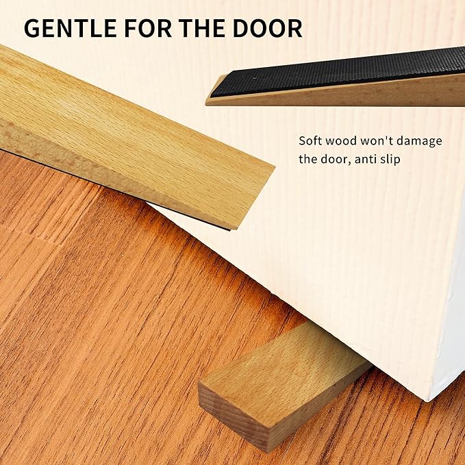 4 Pack Wooden Door Stop - Non-Slip Door Stoppers for Floor - Door Wedges for All Door Types and Surfaces - Each Door Stopper 2inch Thick, 6.3inch Long with Rubber