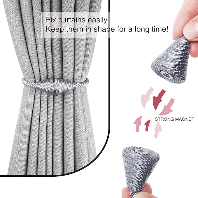 6 Pack Magnetic Curtain Tiebacks Rope Modern Handmade Curtain Tie Backs Decorative Drapes Weave Holdbacks for Window Décor, Grey