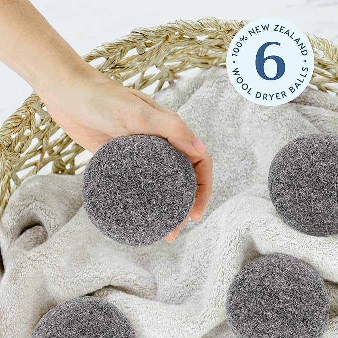 ELYN Wool Dryer Balls 6-Pack - XL, 100% New Zealand Wool, Reusable and Handmade. Fragrance-Free, Natural Fabric & Laundry Softener, Reduce Wrinkles, Static and Drying Time (Grey)