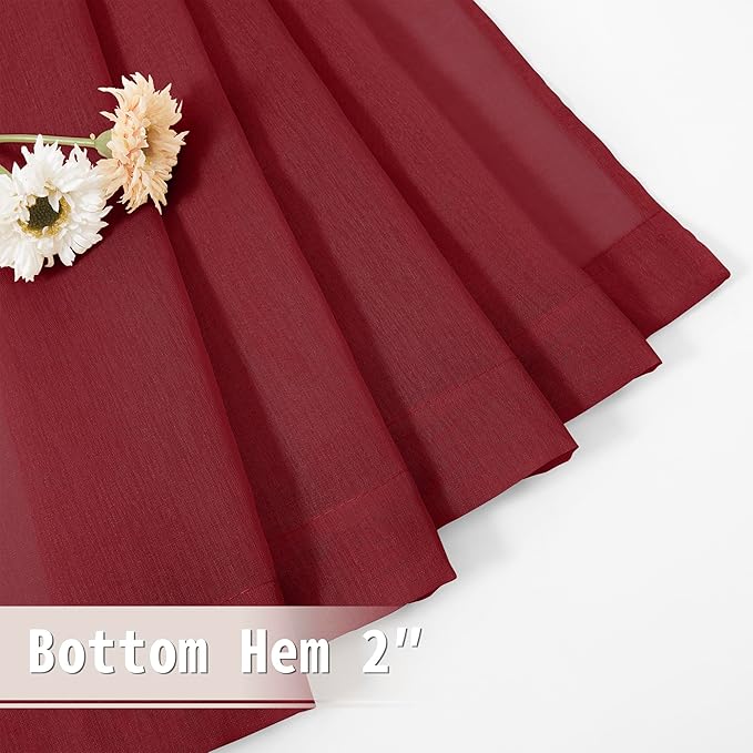 Tollpiz Sheer Door Curtains Closet Linen Textured Curtain Sheers Doorway Light Filtering Voile French Door Rod Pocket Curtains Patio Glass Door, 54 x 63 inches Long, Burgundy Red, Set of 1 Panel