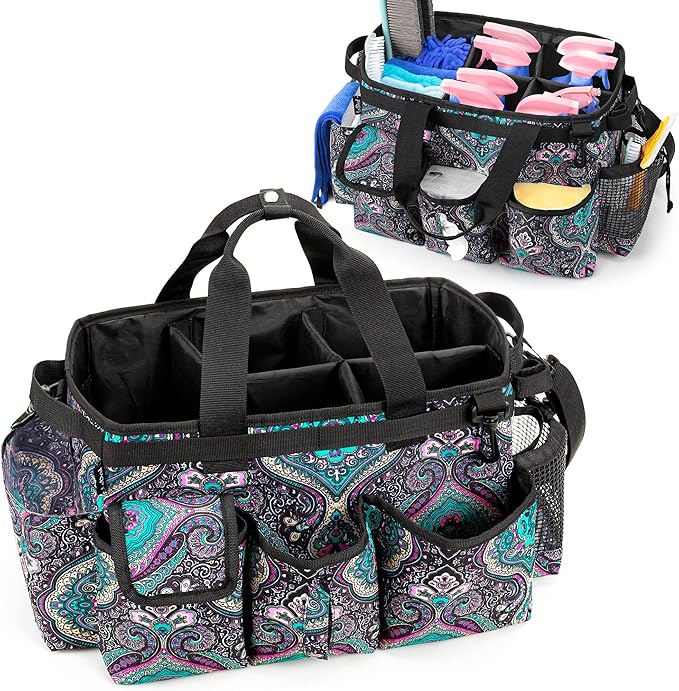 LoDrid Large Wearable Cleaning Caddy Bag with Detachable Divider, Cleaning Supply Tote Organizer with Handles and Adjustable Shoulder Strap for Cleaners & Housekeepers, Totem