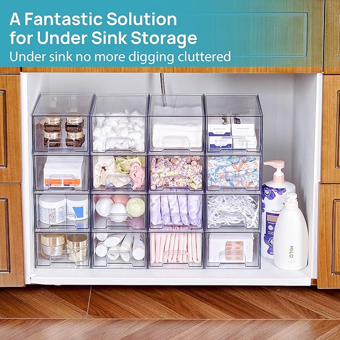 Vtopmart 8 Pack Clear Small Stackable Storage Drawers,Acrylic Bathroom Makeup Organizer,Plastic Storage Bins For Vanity, Undersink, Kitchen Cabinets, Pantry, Home Organization