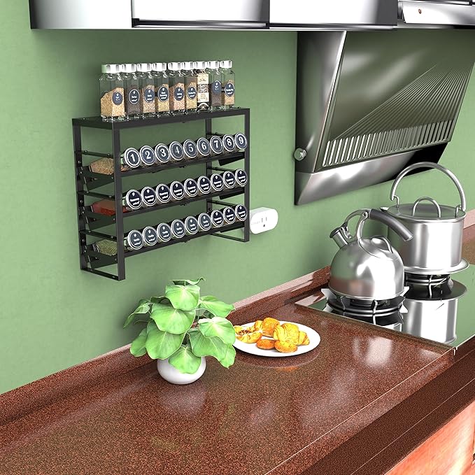 Expandable, Stackable, Adjustable Spice Rack kitchen Organizer,Metal Pantry Storage Shelves - Multi-Tier Shelf for Cabinet, Countertop, Pantries, Cupboard or Wall Mount,Black