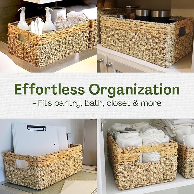 Large Wicker Storage Basket with handles, Natural, Woven, Seagrass and Hyacinth Organizing Baskets for Shelves, Pantry, Living Room - Large Size - 17x11x7.5 in