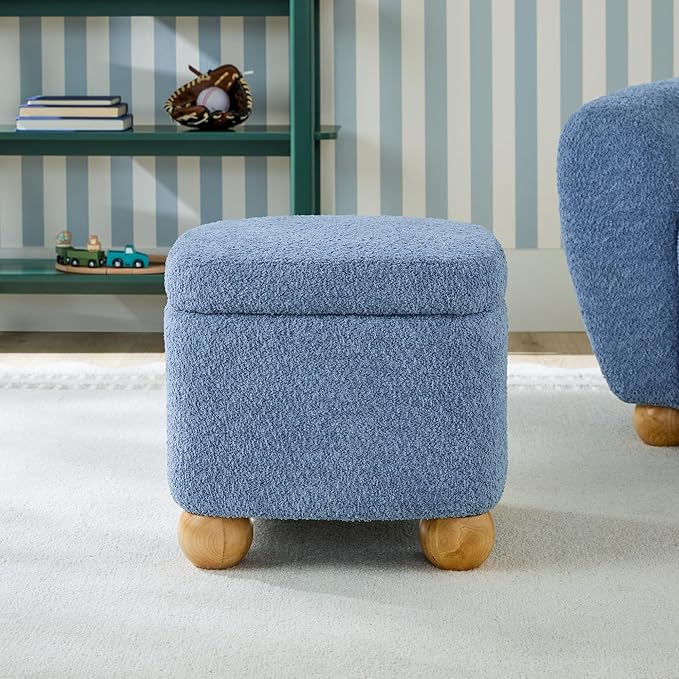 Walker Edison Linley Contemporary Small Storage Bouclé Ottoman with Wood Legs, Soft Blue