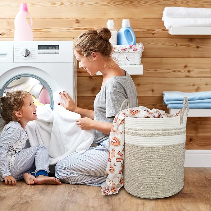 Cotton Rope Laundry Basket Hamper for Clothes Woven Storage Basket for Living Room Bedroom Boho Tall Rope Baskets for Blanket Toys Pillow Towels Baby Nursery Hamper Bin Large brown and white