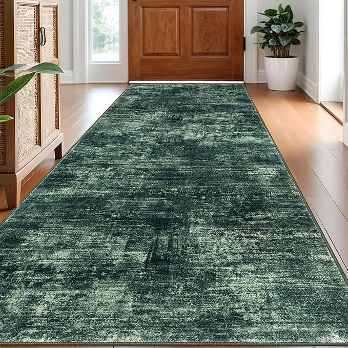 IOHOUZE Abstract Runner Rug 3x8 Ft Washable Runners for Hallways, Non Slip Kitchen Runner Printed Faux Wool Entryway Runner Indoor, Modern Abstract Floor Carpet for Hall Bedroom, Dark Green
