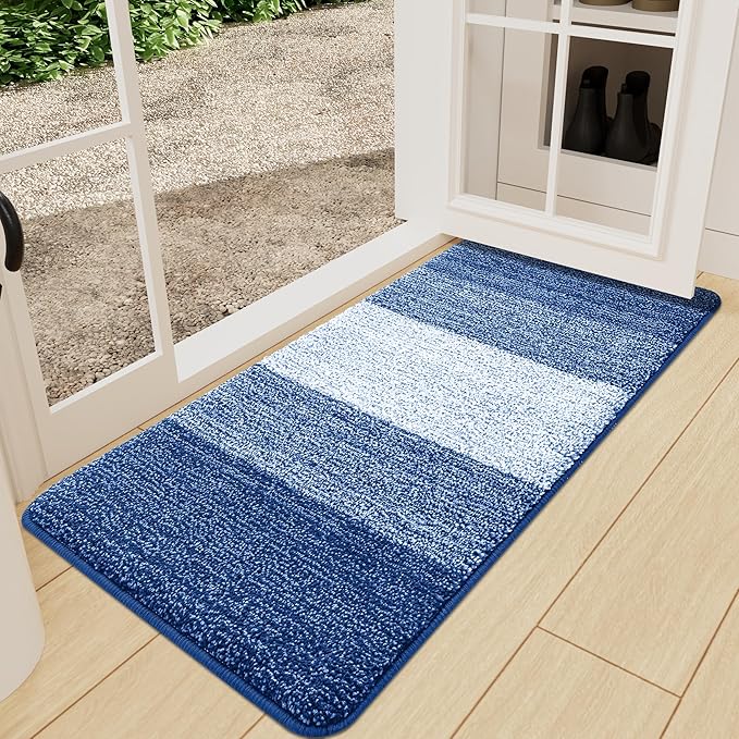 Kitinjoy Indoor Outdoor Door Mat, 47x24 Non-Slip Absorbent Dirt Trapper, Low-Profile Washable Inside Entrance Front Floor Mat, Sturdy Soft Entry Doormats for Entryway, Navy Blue
