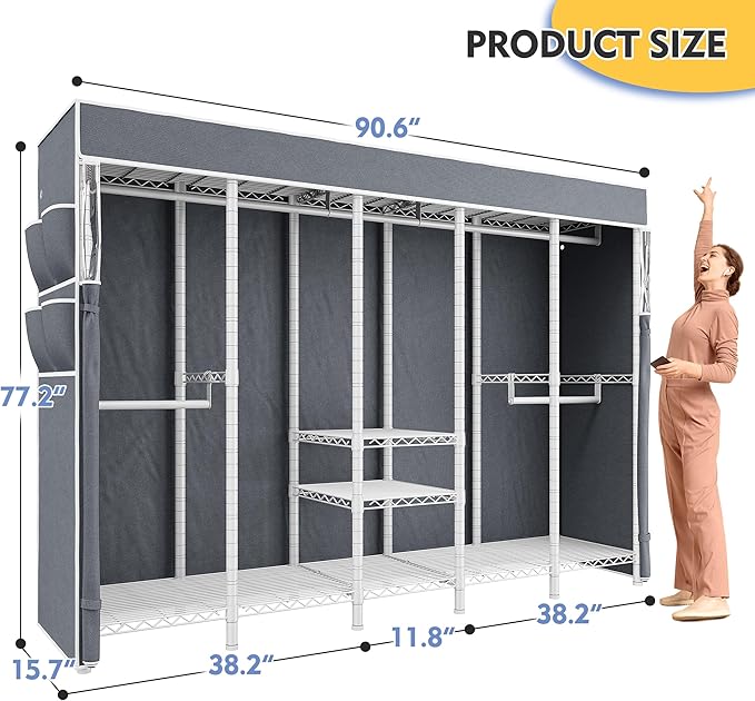 Raybee 90.6" W Clothes Rack with Cover Heavy Duty Clothing Rack with Cover Loads 1200LBS Freestanding Garment Rack for Bedroom, White