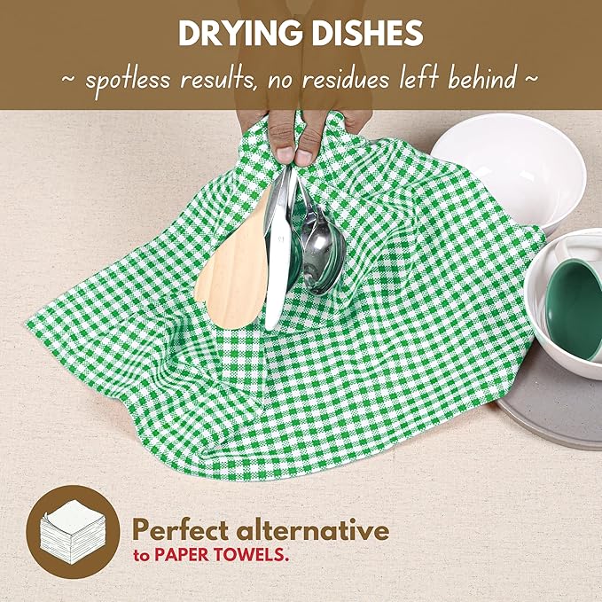 Native Fab Kitchen Dish Towels 16x26 inches Set of 4 Gingham Mini Check- 100% Cotton Dish Cloths for Washing Dishes, Absorbent Hand Towels with Hanger - Green White