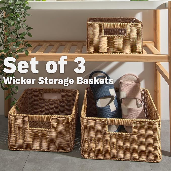myHomeBody Wicker Storage Basket, Storage Cubes, Woven Baskets for Organizing, Resin Wicker Set of 3, Tan