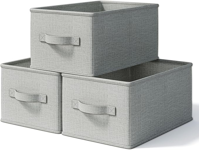 3 Pack Fabric Storage Bins for Shelves | 11.5x8.75x6.5in Closet Storage Baskets | Collapsible Storage Bins | Fabric Closet Organizers with Handles | Light Gray