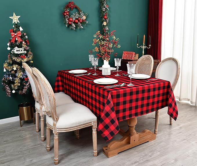 Red Waterproof Plaid Christmas Tablecloth Fabric - Square 58x58 Inch Classic Gingham Checker Holiday Table Cloth for Indoor Use - Xmas Table Cover for Picnics, BBQs, and Parties