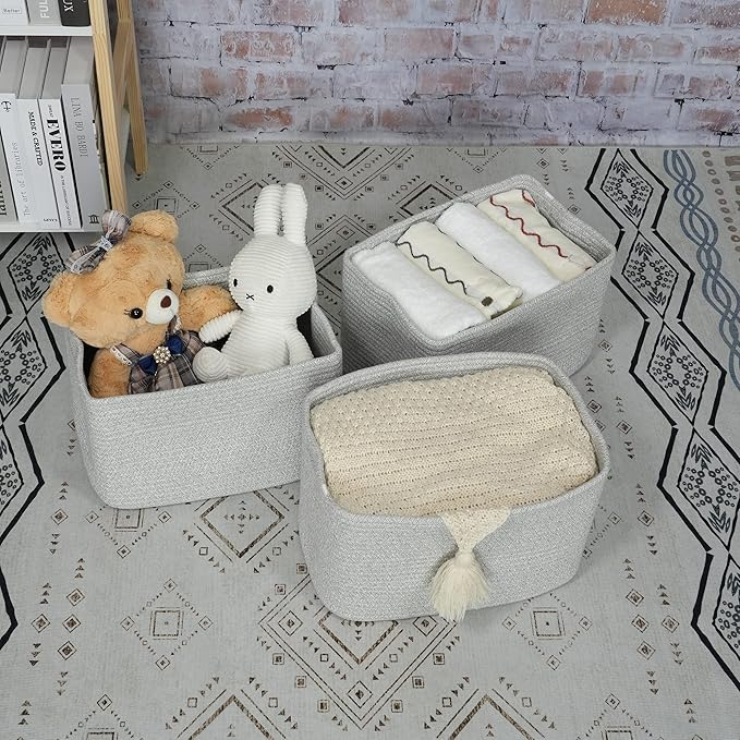 Cotton Rope storage Basket Bins Woven Basket for Organizing Shelves 14.5X9.5X9.3“ Rectangle Decorative Baskets For storage Clothes Toys Books Towels Square Wicker Nursery basket organizer 3 pack grey