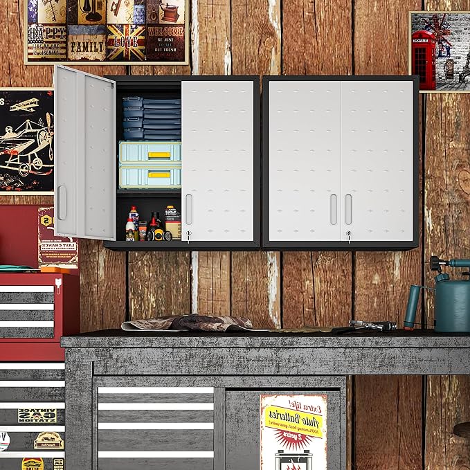 Garage Wall Mounted Storage Cabinet with Doors and Shelves, Lockable Metal Wall Cabinet, Hanging Tool Cabinet for Garage Utility Room (Black & Grey)