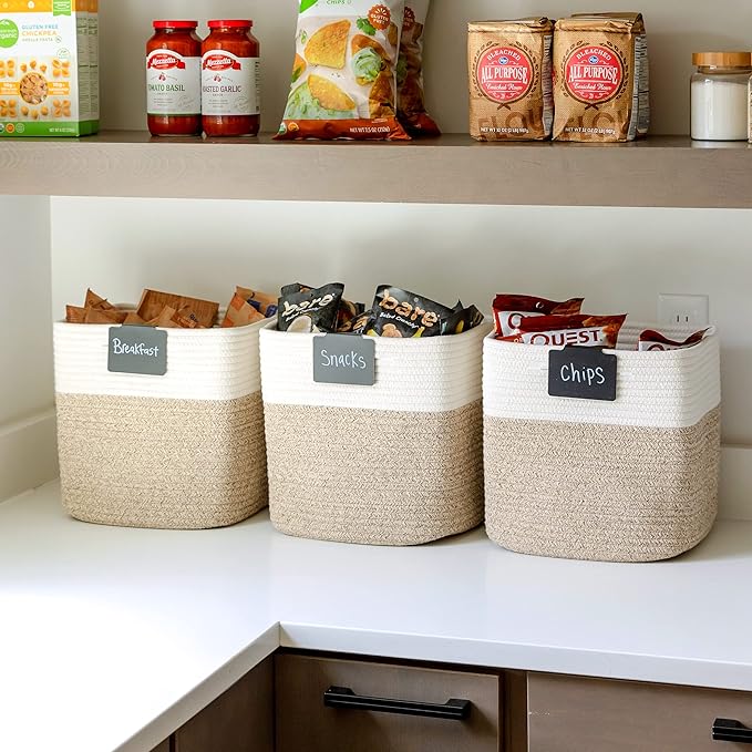 NaturalCozy Storage Cubes 11 Inch Cotton Rope Woven Baskets for Organizing, 3-Pack | Cube Bin Square Shelves Organizer, Classroom, Kids Toy Bins, Closet, Baby Nursery
