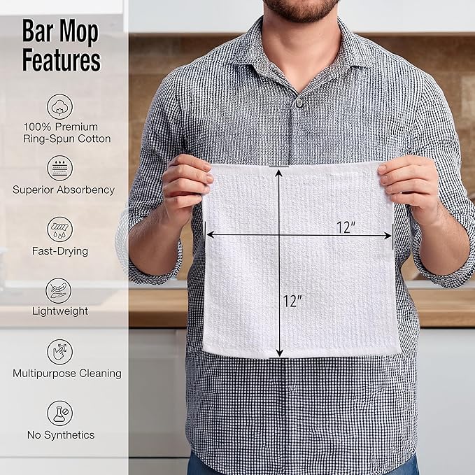 Bar Mop Cleaning Kitchen Dish Cloth Towels 12" x 12", 100% Cotton, Machine Washable, Everyday Kitchen Basic Utility Bar Mop Dishcloth Set of 36, White
