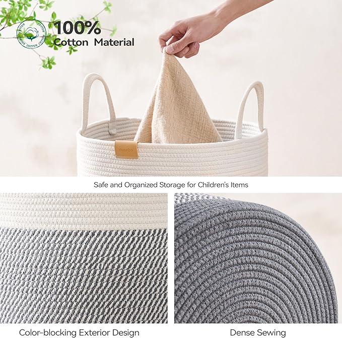 Laundry Hamper 62L,Large Laundry Basket for Clothes,Decorative Storage Basket for Blankets,Cotton Rope Woven basket for bedroom,Grey White