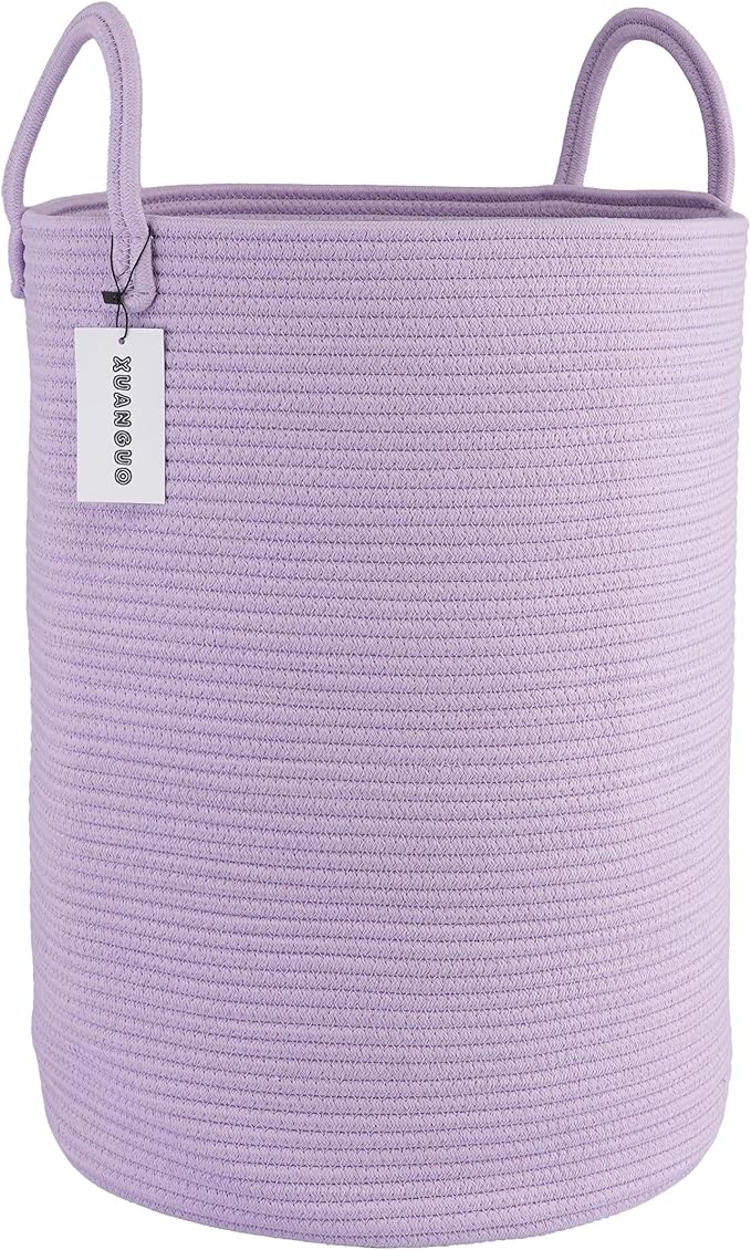Cotton Rope Laundry Basket Hamper for Clothes Woven Storage Basket for Living Room Bedroom Boho Tall Rope Baskets for Blanket Toys Pillow Towels Baby Nursery Hamper Bin Large purple