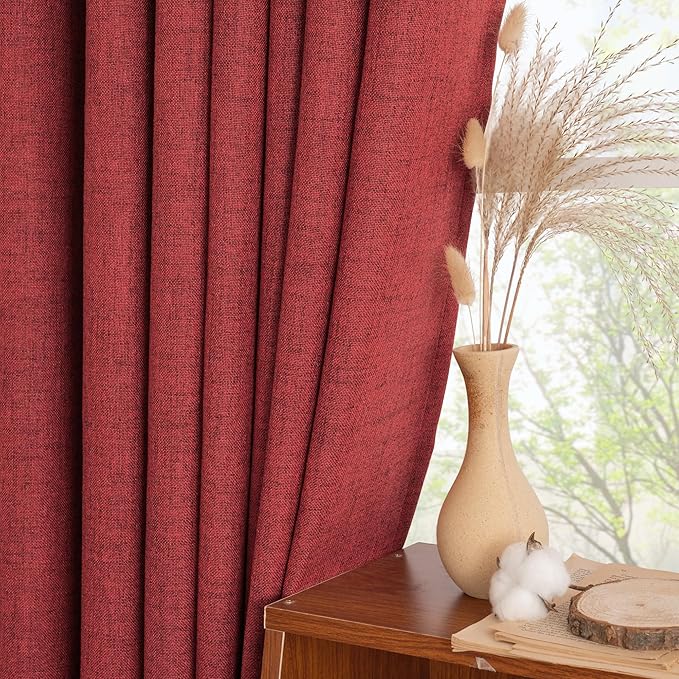 YoungsTex Red Short Linen Curtains 36 Inch Length for Kitchen, Small Window Drapes with Rod Pocket Back Tab Light Filtering Christmas Decor for Bathroom Cafe, 2 Panels, 42 X 36 Inch