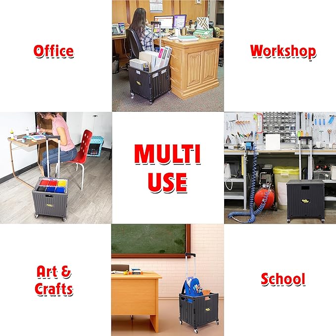 dbest products Quik Cart 360 Four Wheeled Rolling Crate Teacher Utility with seat Heavy Duty Collapsible Basket with Handle, Black