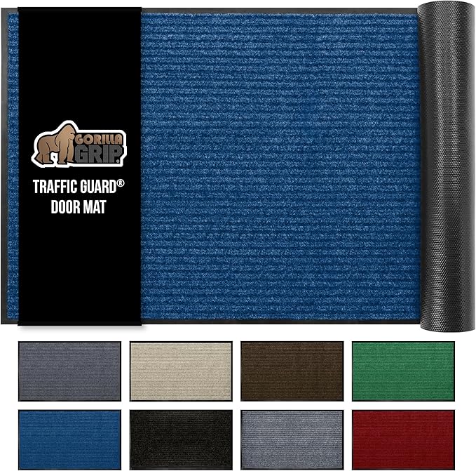GORILLA GRIP Traffic Guard Door Mat, 47x35, Heavy Duty Welcome Mats, Commercial Office Space Doormat, Waterproof, Fade Resistant, Strong Rubber Backing, Low Profile, Shoe and Boot Scraper, Blue