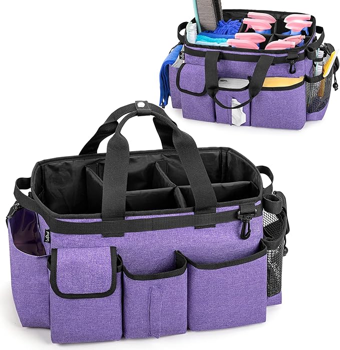 LoDrid Large Wearable Cleaning Caddy Bag with Detachable Divider, Cleaning Supply Tote Organizer with Handles and Adjustable Shoulder Strap for Cleaners & Housekeepers, Purple