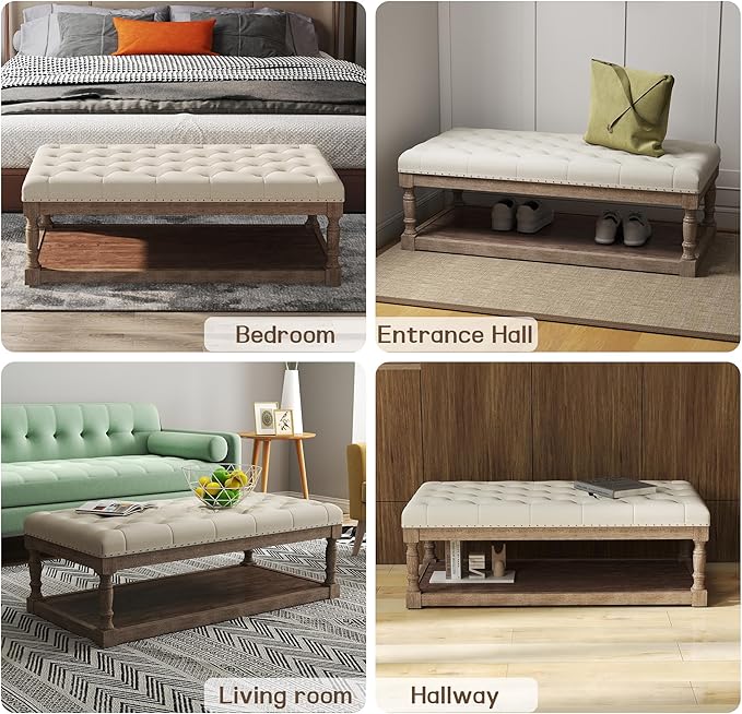 48" Large Ottoman with Storage Coffee Table, Upholstered Tufted Linen Ottoman Bench with Solid Wood Shelf for Living Room, Bedroom, Holds 250lbs (Ivory)
