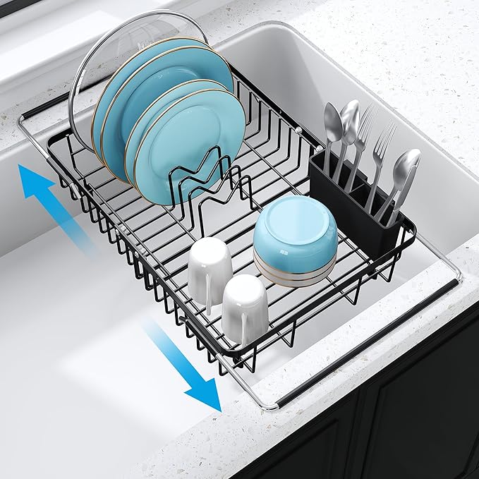 JASIWAY in Sink Dish Drying Rack, Expandable Stainless Steel Dish Drainers for Kitchen Sink, Over Sink Dish Drying Rack with Utensil Holder, 13.1''~16.6''D x 11.8''W, Black