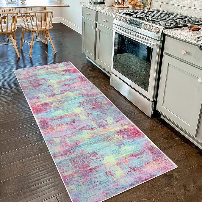 IOHOUZE Abstract Runner Rug 2x7 Ft Washable Runners for Hallways, Non Slip Kitchen Runner Printed Faux Wool Entryway Runners Indoor, Modern Abstract Floor Carpet for Hall Kitchen Bedroom, Pink Teal