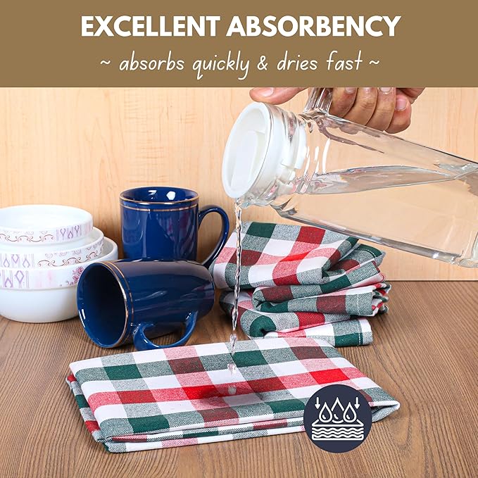 Native Fab Gingham Check Kitchen Towels 4 Pack 16x26 Inches - 100% Cotton, Soft, Absorbent Tea Towels & Kitchen Hand Towel for Drying, Cleaning & Reusable Dishcloths Set - Red, Green, White
