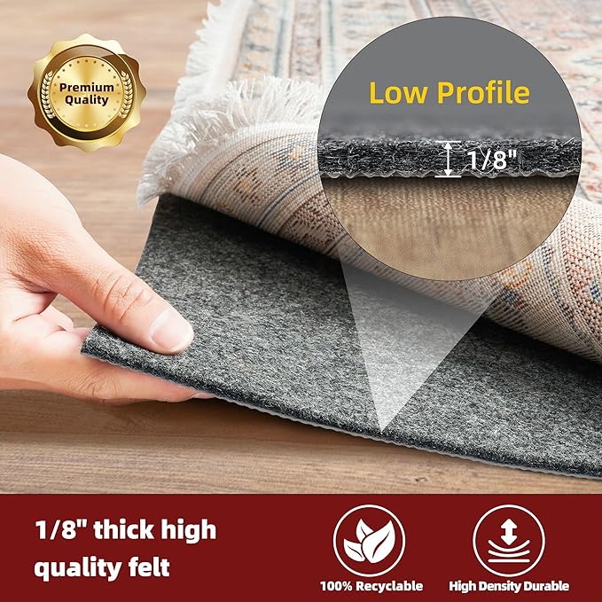 BAGAIL Felt and Natural Rubber Backing Rug Pads 1/8” Thick, 2 x 8 Ft Non Slip Rug Gripper Keep Rugs in Place, Under Area Rug Protective Cushioned Pads, Carpet Runners, Hardwood Floors Protection