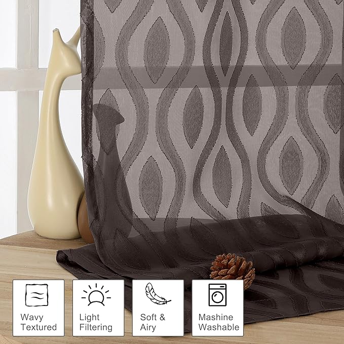 Aiyufeng Brown Sheer Curtains 72 Inches Long 2 Panels, Lightweight Clip Jacquard Textured Sheer Privacy Curtains for Bedroom Living Room, Classic Wavy Line Design Door Curtains, 40" Wx72 L Inches