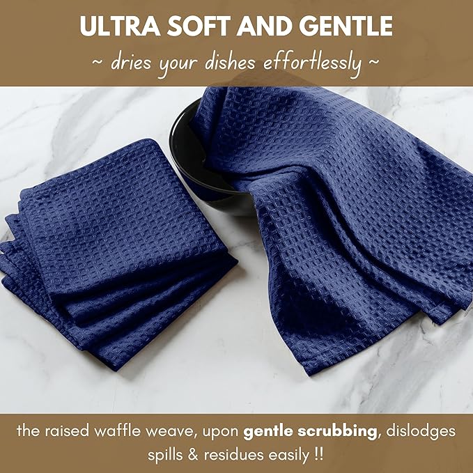 Native Fab Waffle Kitchen Towels 4 Pack - Super Absorbent 100% Cotton Dish Towel for Cleaning, Drying, Cooking - Durable, Soft Kitchen Essentials for Home Use, 16x26 inches - Ink Blue